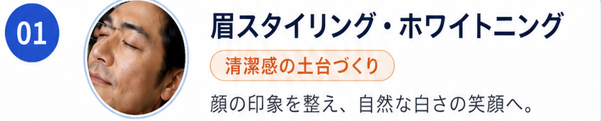 01 眉スタイリング・ホワイトニング。清潔感の土台づくり。顔の印象を整え、自然な白さの笑顔へ。